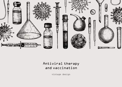 Antiviral therapy and vaccination backgroundt. Hand drawn vector illustrations. Vaccine in bottles, laboratory equipment, different virus sketches. Medical banner design template. Covid-19 drawing 